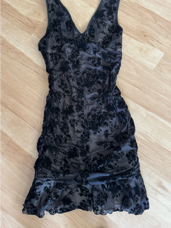 SHEIN Dresses & Skirts - Black V Neck Velvet Burn Out Mesh Ruched Y2K Dress with Ruffle Trim Size M